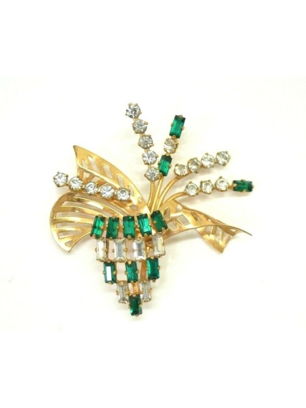 Antoinette Brooch 12K 1/20 Pin Gold Filled Clear Emerald Rhinestone Lapel Vtg